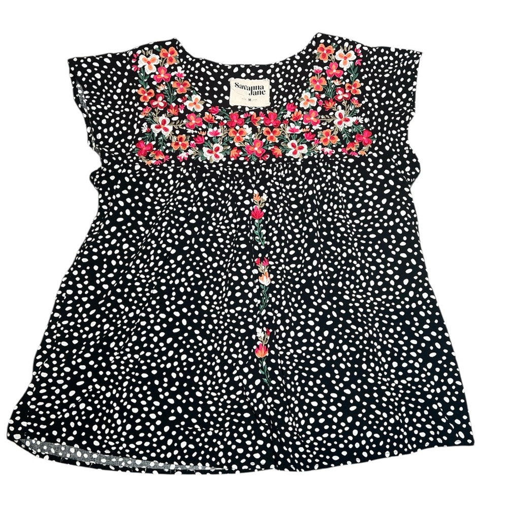 Savanna Jane Black and White Polka Dot Top with Floral Embroidery M